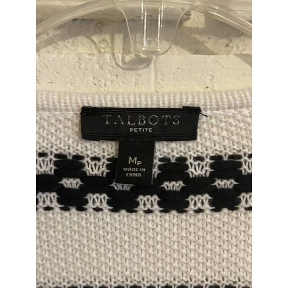 Talbots Cardigan Women‎ Medium Petite Black White Striped Open Knit Sweater - Picture 3 of 5